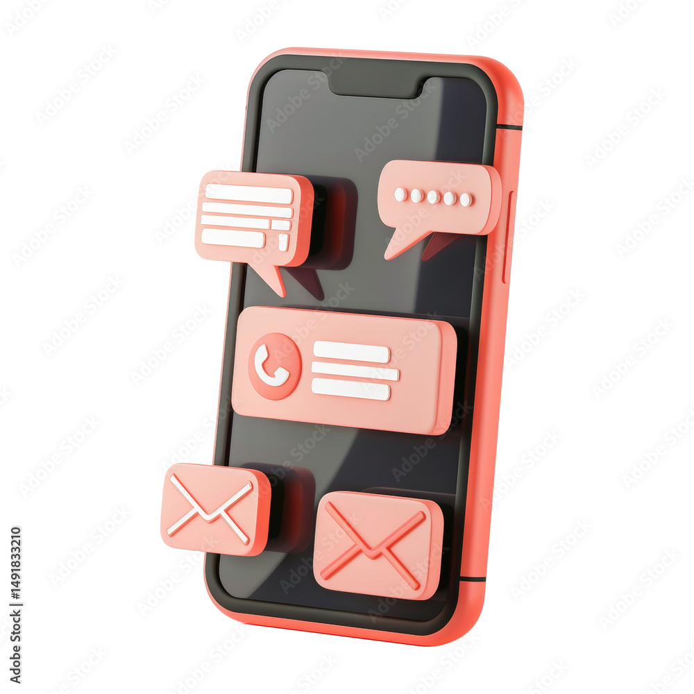 Fototapete 3d phone with floating notification icons for messaging and communication