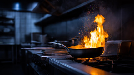 Flames erupting from a frying pan on a stovetop in a professional kitchen.
