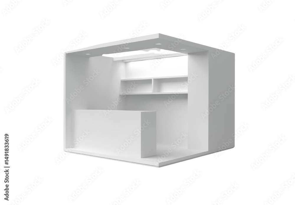 Poster minimalist trade show booth design with clean lines and subtle lighting