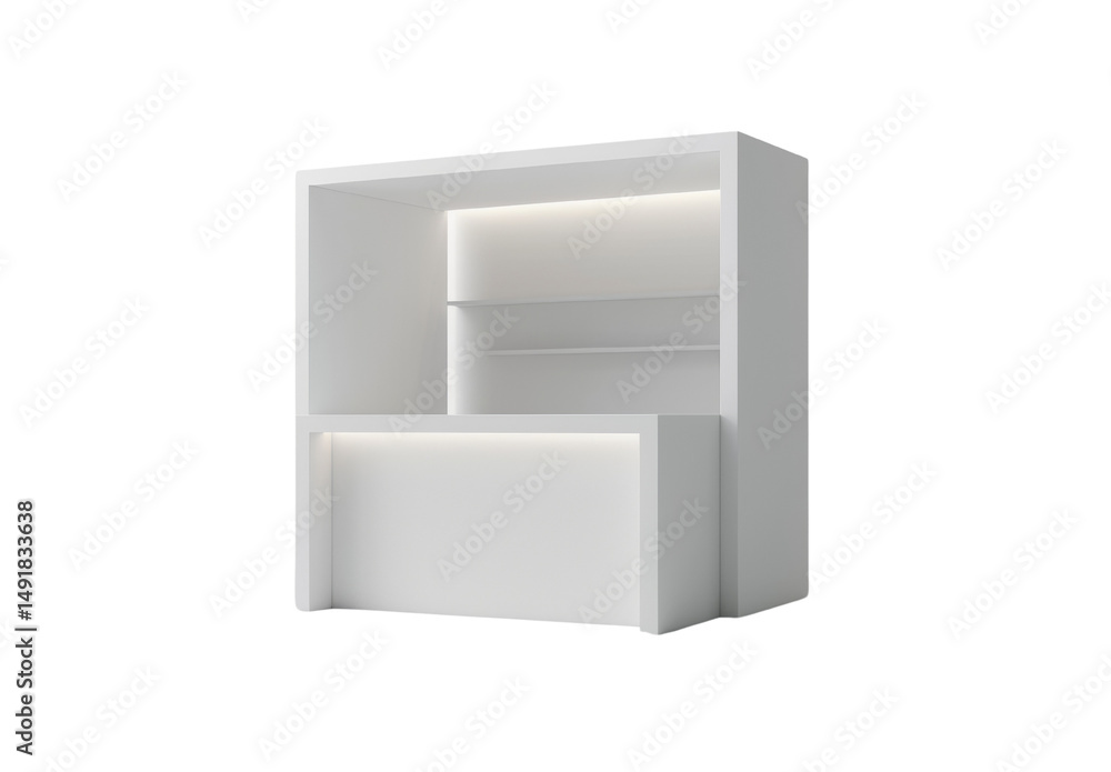 Poster sleek white minimalistic display shelf illuminated with integrated soft lighting