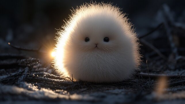 Fluffy White Kitten Backlit by Sunset