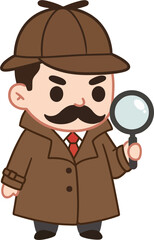 Cute Cartoon Detective with Mustache Holding Magnifying Glass – Flat Vector Illustration for Mystery and Kids Content