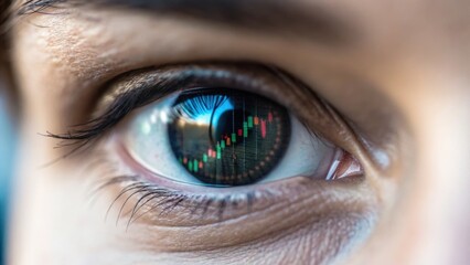 Obraz premium Eye reflecting stock market trends with a focus on financial growth and investment analysis.