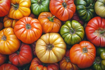 Colorful Variety of Fresh Heirloom Tomatoes in a Vibrant Display