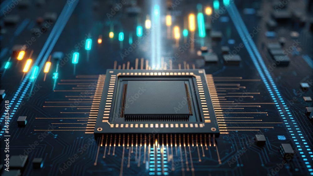 Poster high-tech microchip on a circuit board with glowing connections, symbolizing advanced technology and