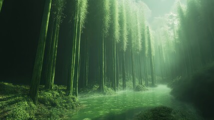 Mystic forest stream, misty valley, sunlit canopy, fantasy game background