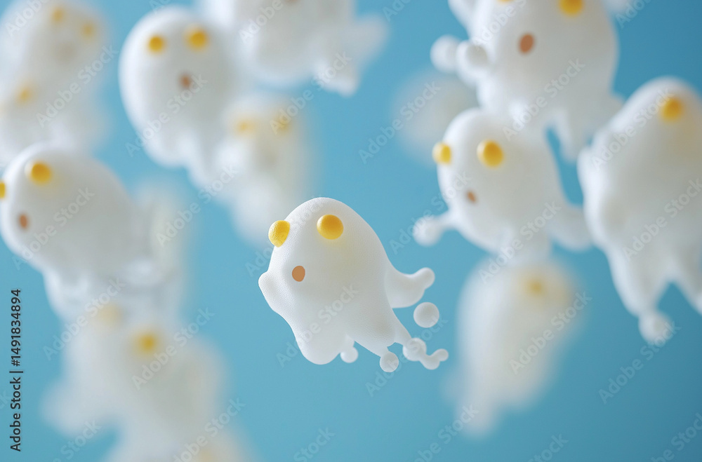 Poster white clouds with small yellow cartoon characters in plasticine style surreal minimalist scene with 