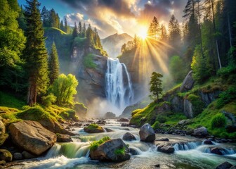 Majestic Mountain Waterfall: Cascading Water in Lush Forest, Rocky Riverbed