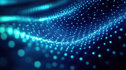 Abstract digital wave of interconnected glowing blue dots forming a flowing network grid conveying technology and data visualization