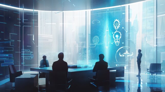 Futuristic workspace where employees interact with AI-driven mentors - Powered by Adobe