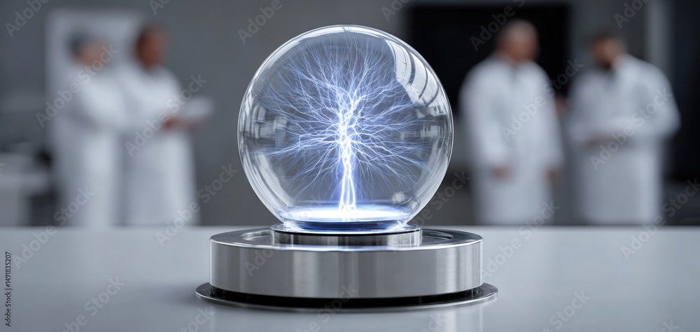 Poster high-tech laboratory with levitating plasma visualization.