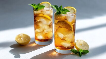 Refreshing iced tea drinks garnished with lemon and mint (1)