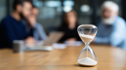 Hourglass with sand running on a meeting table, with a blurred group of people in discussion in the background.
