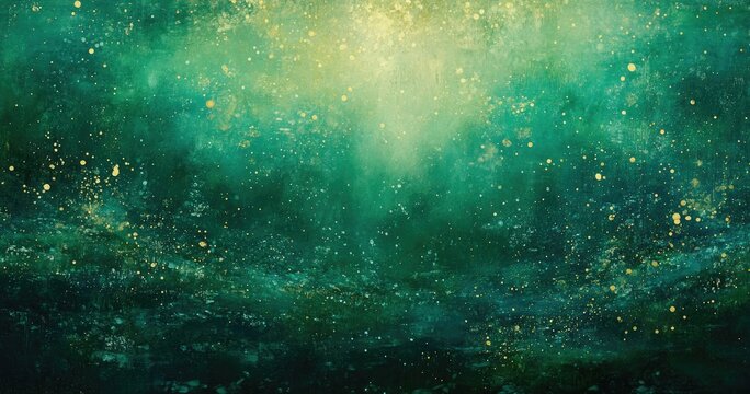 Abstract, vibrant, deep green and gold background with glistening particles