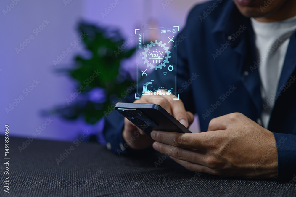 Poster innovative technology showing data analysis on smartphone display