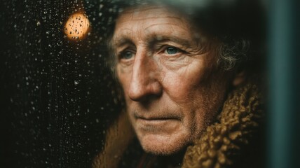 Half Body Portrait of an Elderly Man in a Wool Coat Looking Thoughtfully Through a Rainy Window