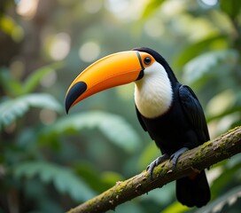 Obraz premium A vibrant, eye-level photograph of a single Ramphastos toco, or toco toucan, perched on a lush green branch. Capture the toucan's striking black and white plumage, large orange bill, and the intricate