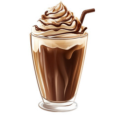 Iced chocolate drink with whipped cream and chocolate drizzle in a glass