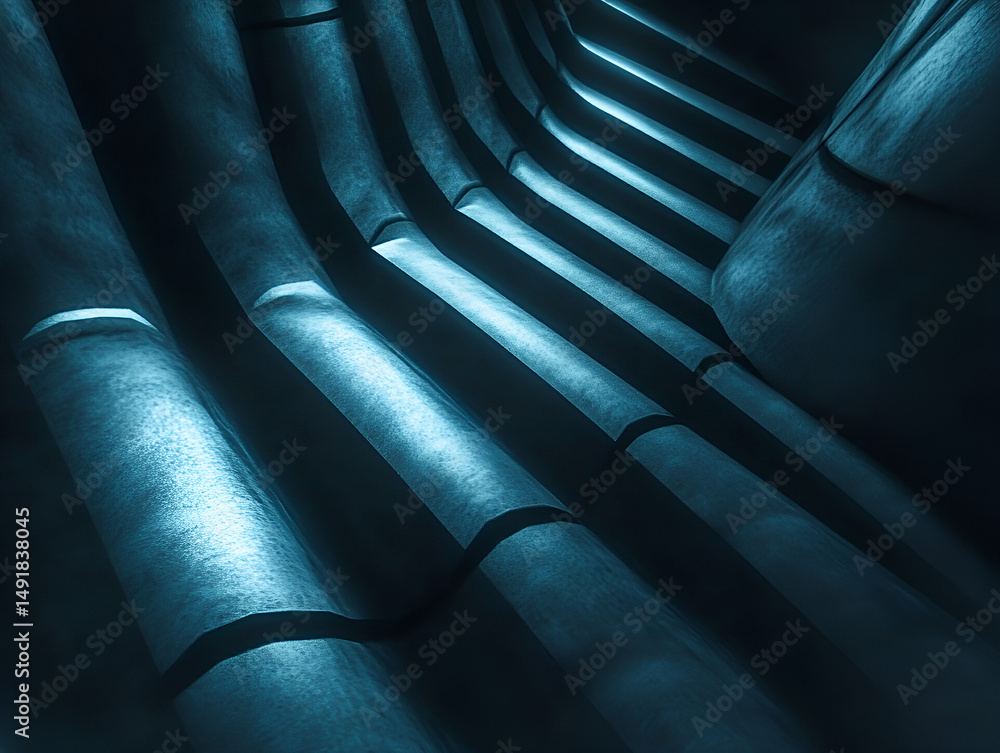 Poster abstract architectural structure with dramatic lighting and curving forms evoking a sense of depth a