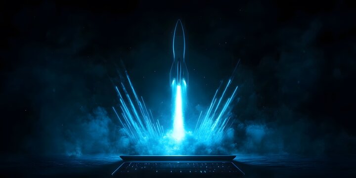 A Rocket Launching From a Laptop in a Futuristic Scene