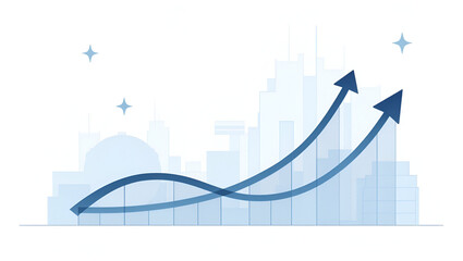 Financial Ascent: Two elegant, upward-pointing arrows gracefully navigate through the abstract urban skyline, painted in subtle shades of blue, portraying growth, progress, and financial success.