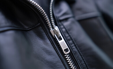 Close-up of a shiny metal zipper on a black leather jacket with a folded collar.
