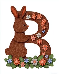 Adorable Brown Bunny Letter B Decorated with Colorful Flowers Perfect for Easter Invitations, Children's Party Decorations, and Nursery Artwork, vocabulary recitation