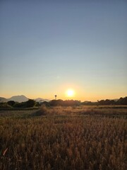 railroad tracks in countryside with blue sky in evening while sunlight is going down