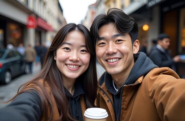 Man and woman taking selfie, smiling and looking at the frame. Couple walking around the city, drinking coffee and taking pictures. Travel and trip concept