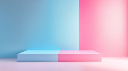 Pastel pink and blue studio background with two-toned platform.
