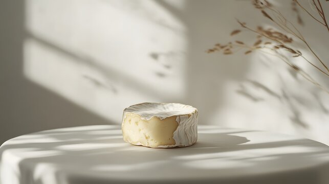 Creamy round cheese displayed on a white surface.