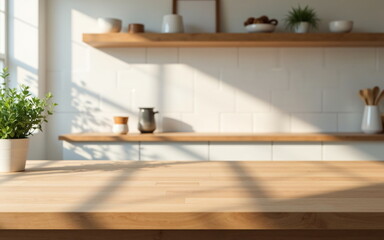 Blank butcher block countertop with blurred clean modern kitchen, Subtle tiles and wooden shelves in background, Ideal for natural product presentation