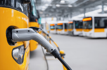Electric bus charging station with focus on charging connector, showcasing modern transportation technology and infrastructure