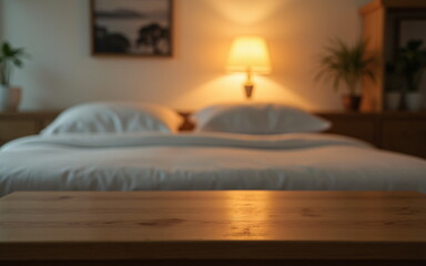Empty wooden nightstand top with blurred warm light and a cozy bedroom ambiance in the background, Ready for product display