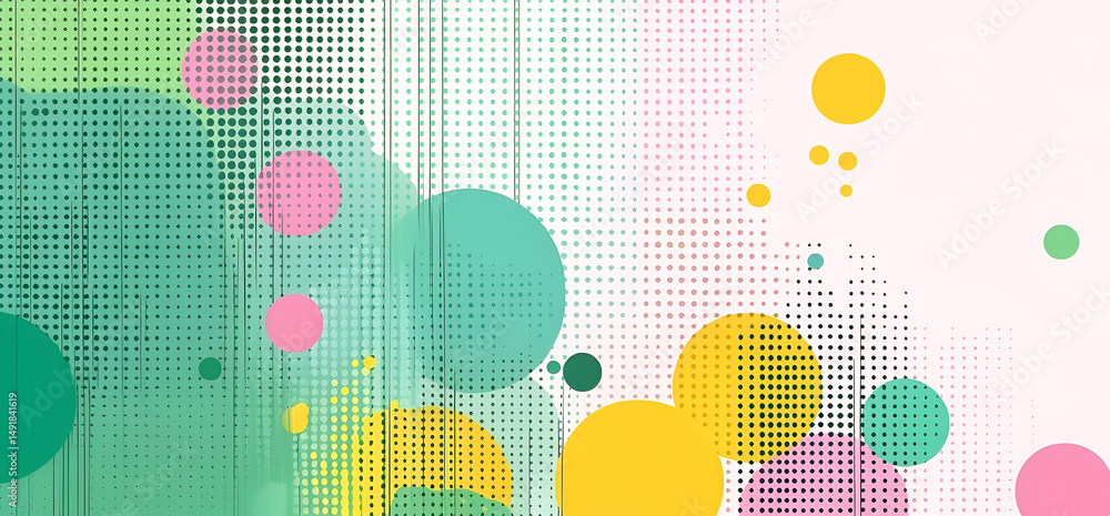 Poster abstract geometric composition featuring halftone patterns and colorful circles in modern design for