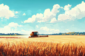 Obraz premium Panoramic view at combine harvester working on a wheat field. Harvesting the wheat. Agriculture. Panoramic banner.