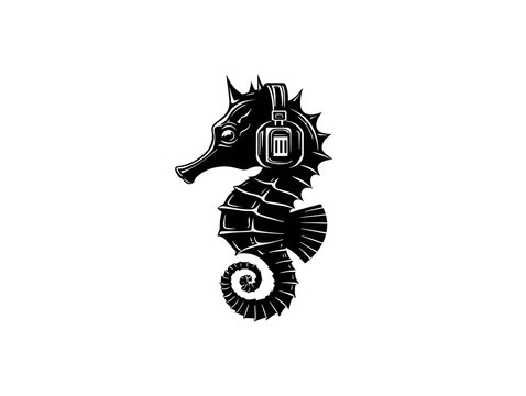 A stylized black seahorse illustration wea headphones enjoys music underwater in a cool vintage style.