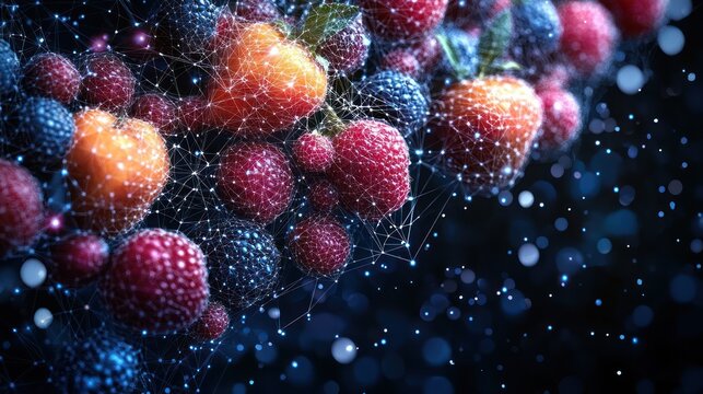 Naklejki Networked berries, dark background, digital art, food tech, advertising