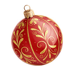 red Christmas ball with golden ornamental decorati isolated on white background