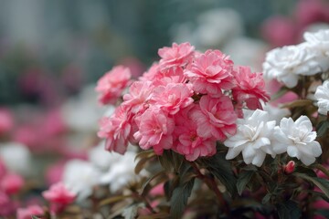 Fototapeta premium Pink and White Flowers Blooming in a Garden Setting