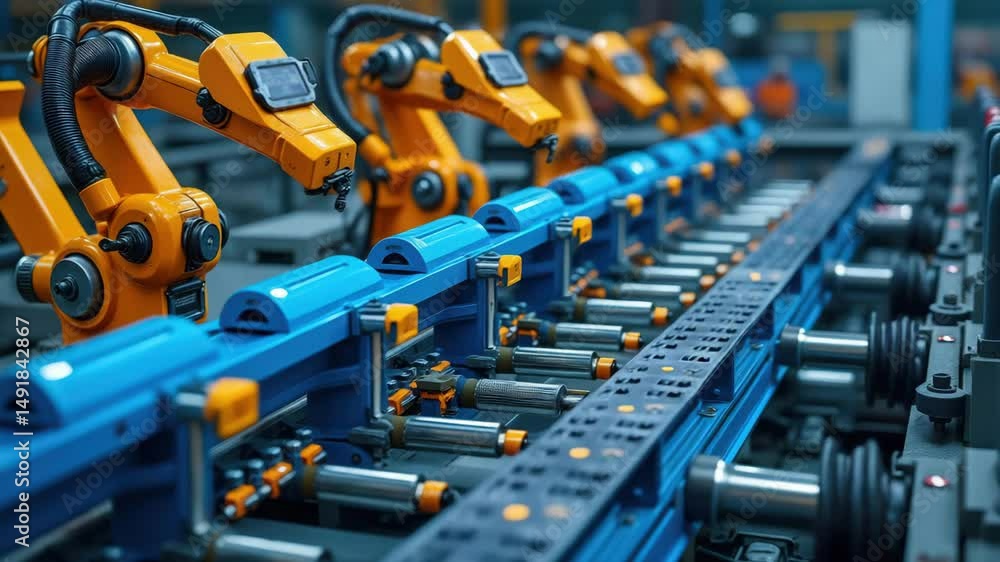 Poster a close-up view of robotic arms in a manufacturing setting, showcasing automation technology and pre