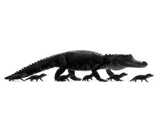 Obraz premium A large alligator mother protectively leads her many small alligator babies across a white background.