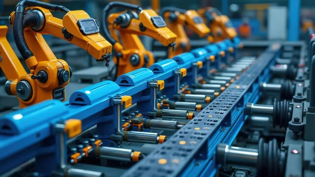 A close-up view of robotic arms in a manufacturing setting, showcasing automation technology and precision engineering.