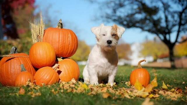 Cute small farmers dog Jack Russell Terrier in the plaid shirt and cap is sitting nicely near pumpkins at bright autumn day