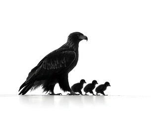 A majestic adult eagle stands proudly with its three small eaglets walking closely behind on a bright white background.