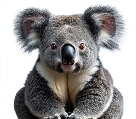 Obraz premium Close-up portrait of a fluffy grey koala bear with large ears and a black nose looking directly at the camera against a white background