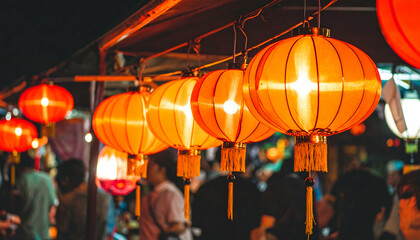 vibrant illuminated chinese lanterns hanging at a bustling night market. perfect for travel, culture, and festive themes.