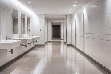 Fototapeta premium Long clean public restroom corridor with multiple sinks, mirrors, white tiled walls, and bright ceiling lights creating a sterile and spacious feel