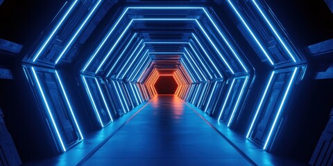 futuristic illuminated tunnel with hexagonal frames glowing blue and red lights creating a sci-fi atmosphere and perspective depth