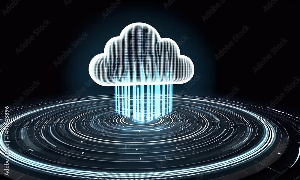 Poster 3d icon of cloud technology, futuristic style with light effects and glowing elements on a black bac